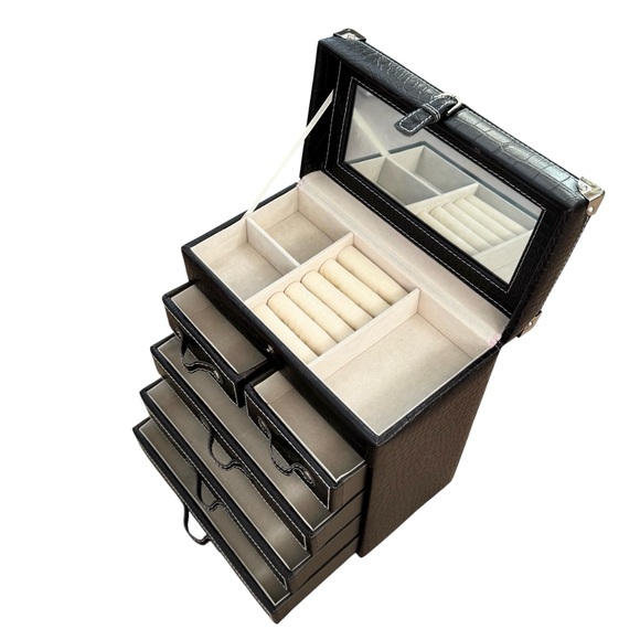 Brown Embossed Croco Leather Jewelry Organizer Box Case Women's Jewelry Storage